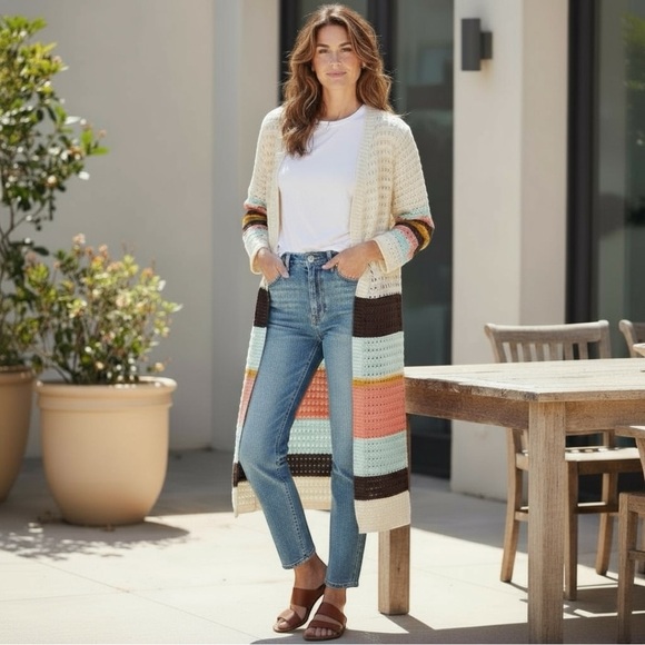 POLAGRAM Color block open front cardi  M L - Picture 1 of 5